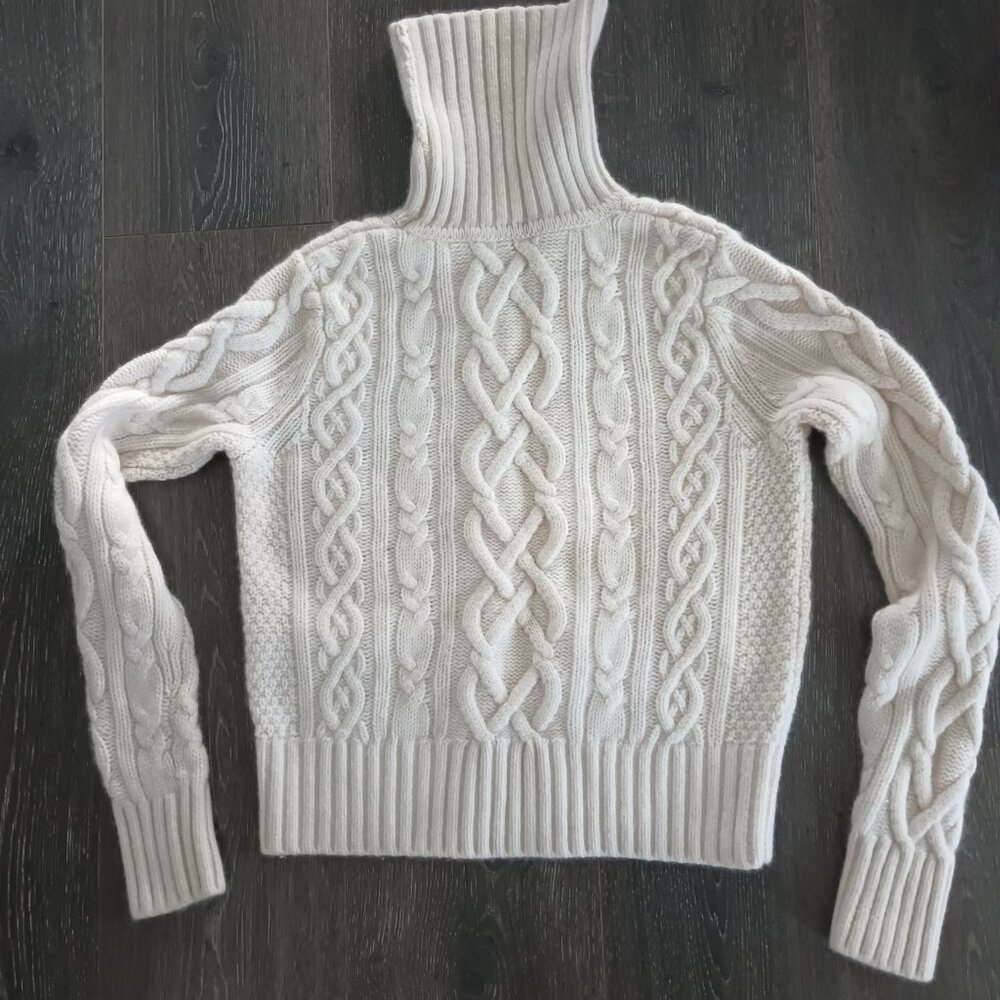 Lands' End Cable Cashmere Turtleneck Sweater, Cream, EUC, Size M